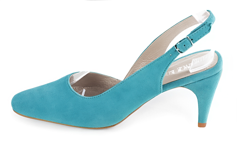 Turquoise blue women's slingback shoes. Round toe. High slim heel. Profile view - Florence KOOIJMAN